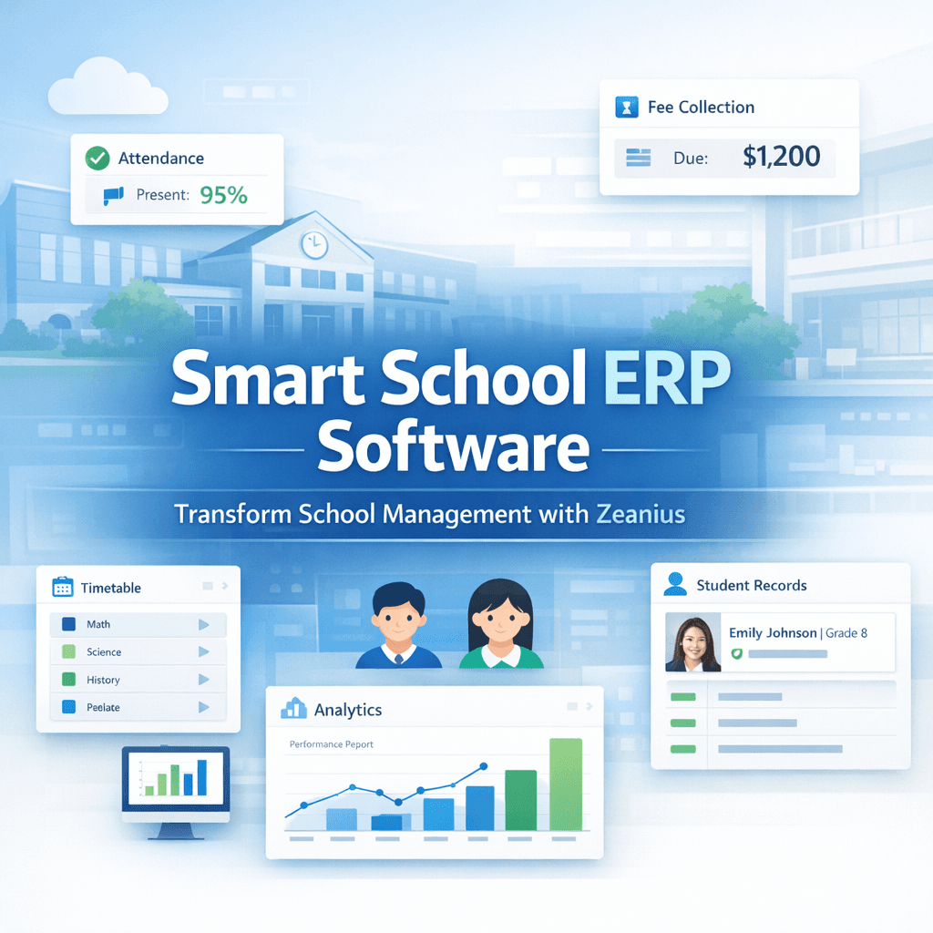 Smart School ERP Software by Zeanius for managing students, fees, attendance, exams, and school operations in one platform.